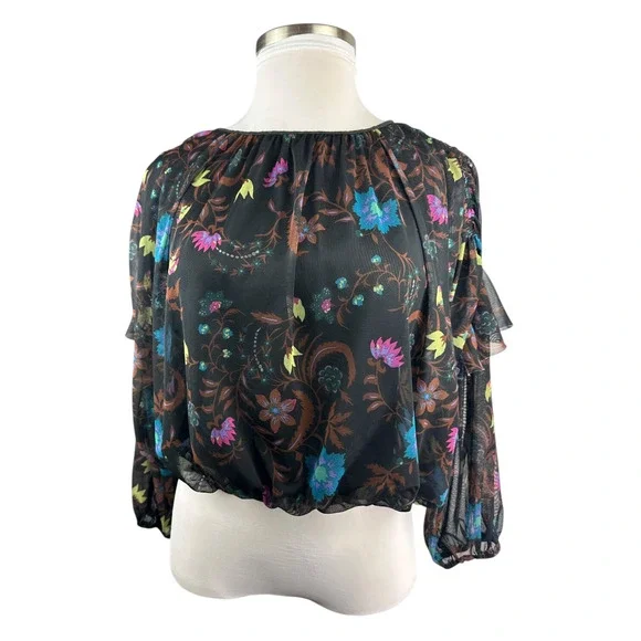 Free People Wildflower Honey Printed Blouse Black Multi Mesh Crop Top Small - Picture 5 of 15